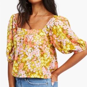 Billabong Yellow Floral Puff Sleeve Blouse